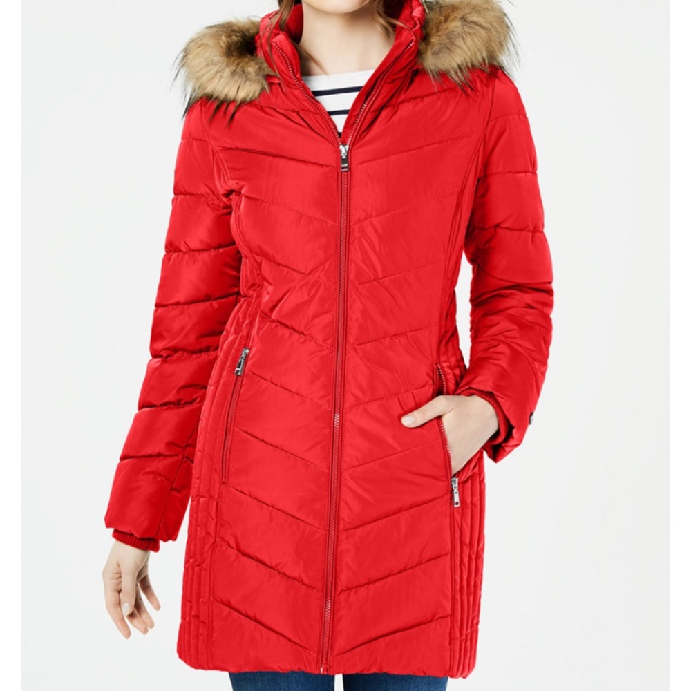 Red Tommy Hilfiger faux fur trim hood puffer coat - Picture 1 of 6